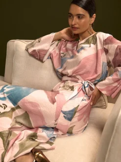 Impression florale rose - Robe longue caftan à col en V 3/4