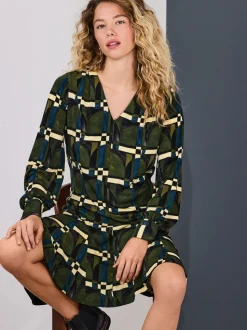 Impression geo verte - Mini robe A-Line à manches longues