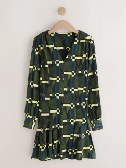 Impression geo verte - Mini robe A-Line à manches longues
