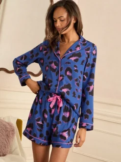 Impression Léopard Bleu - Love & Roses Ensemble pyjama court boutonné