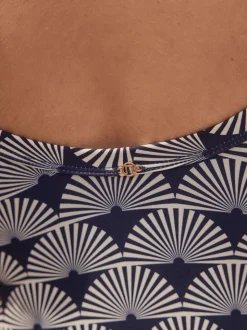 Imprimé à éventails bleu marine/Blanc - Maillot de bain moulant avec contrôle du ventre