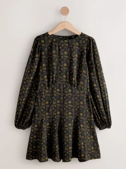 Imprimé croissant noir - Mini robe à manches longues avec coutures