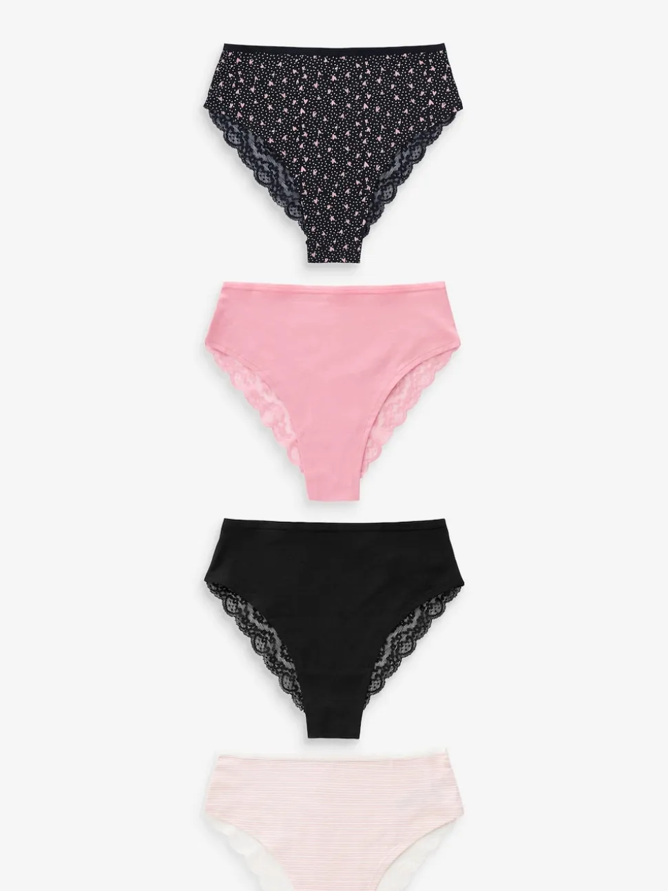 Imprimé cœurs noir/rose - Lot de 4 culottes en coton et dentelle