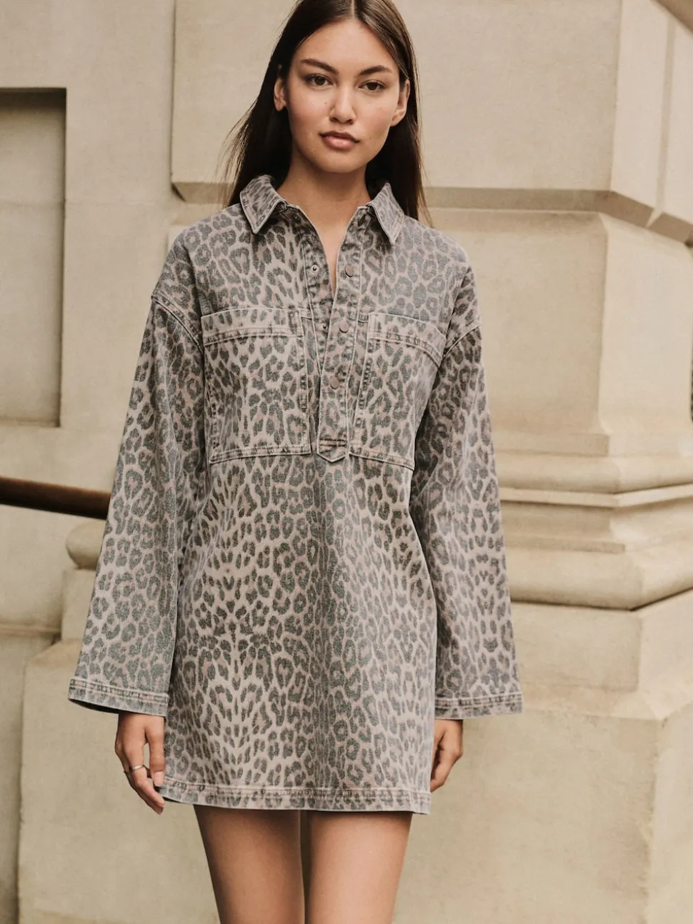 Imprimé Léopard - Mini robe utilitaire en Denim à manches longues