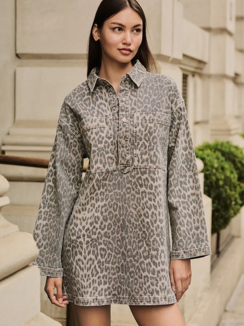 Imprimé Léopard - Mini robe utilitaire en Denim à manches longues