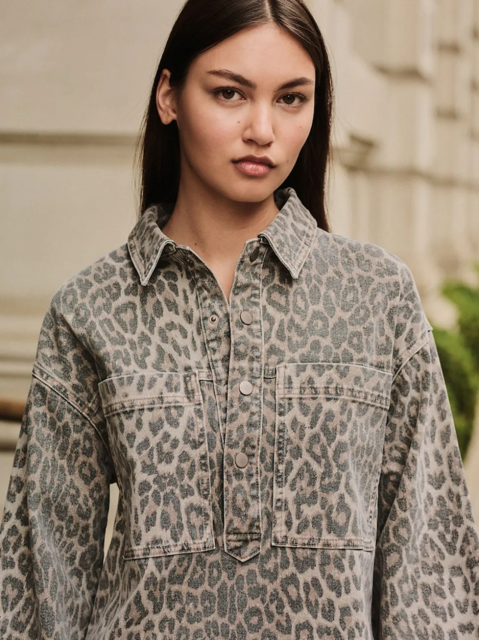 Imprimé Léopard - Mini robe utilitaire en Denim à manches longues