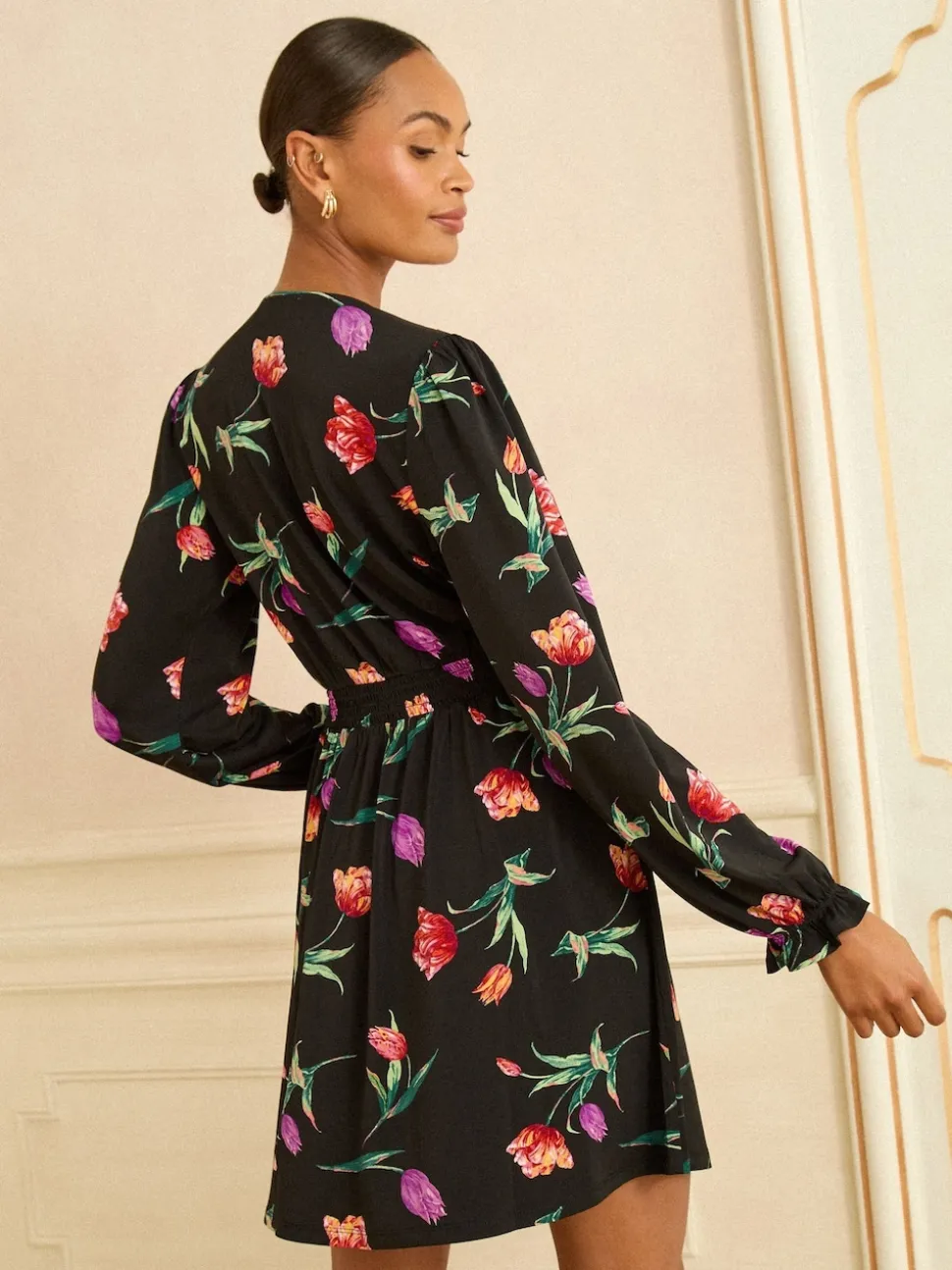 Imprimé tulipes Noir - Love & Roses Robe Courte Col en V