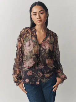 Imprimé Uffington noir - Chemisier Laura Ashley en mousseline à volants avec Lurex