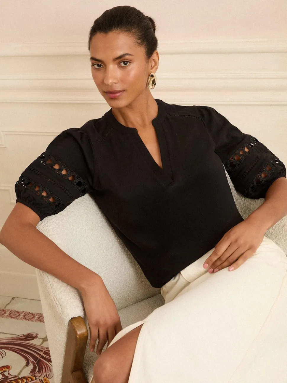 Insert en dentelle cœur noir - T-shirt Love & Roses Col en V en jersey