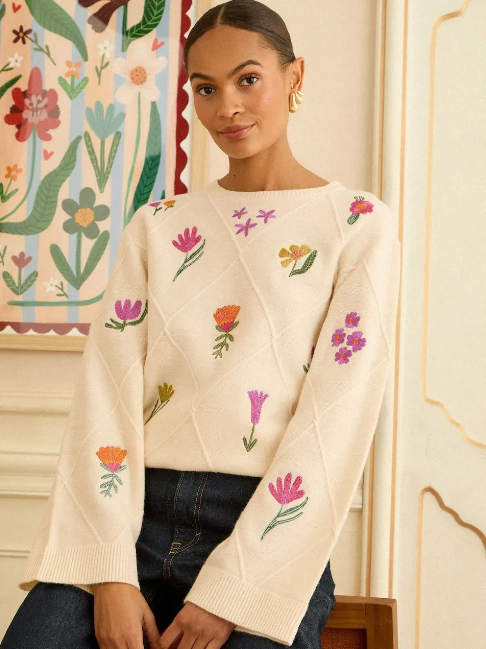 ivoire - Love & Roses pull en maille brodée