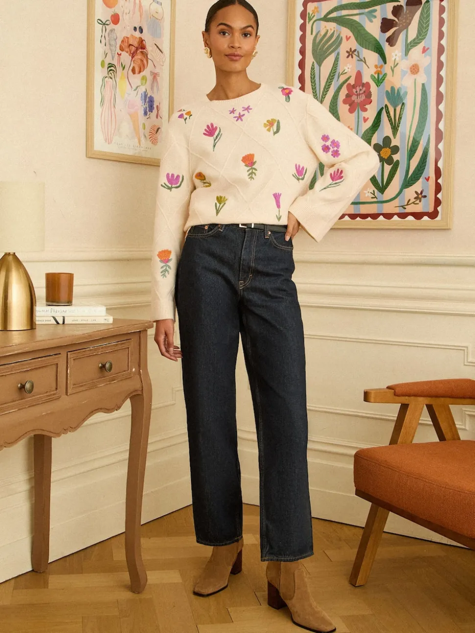 ivoire - Love & Roses pull en maille brodée