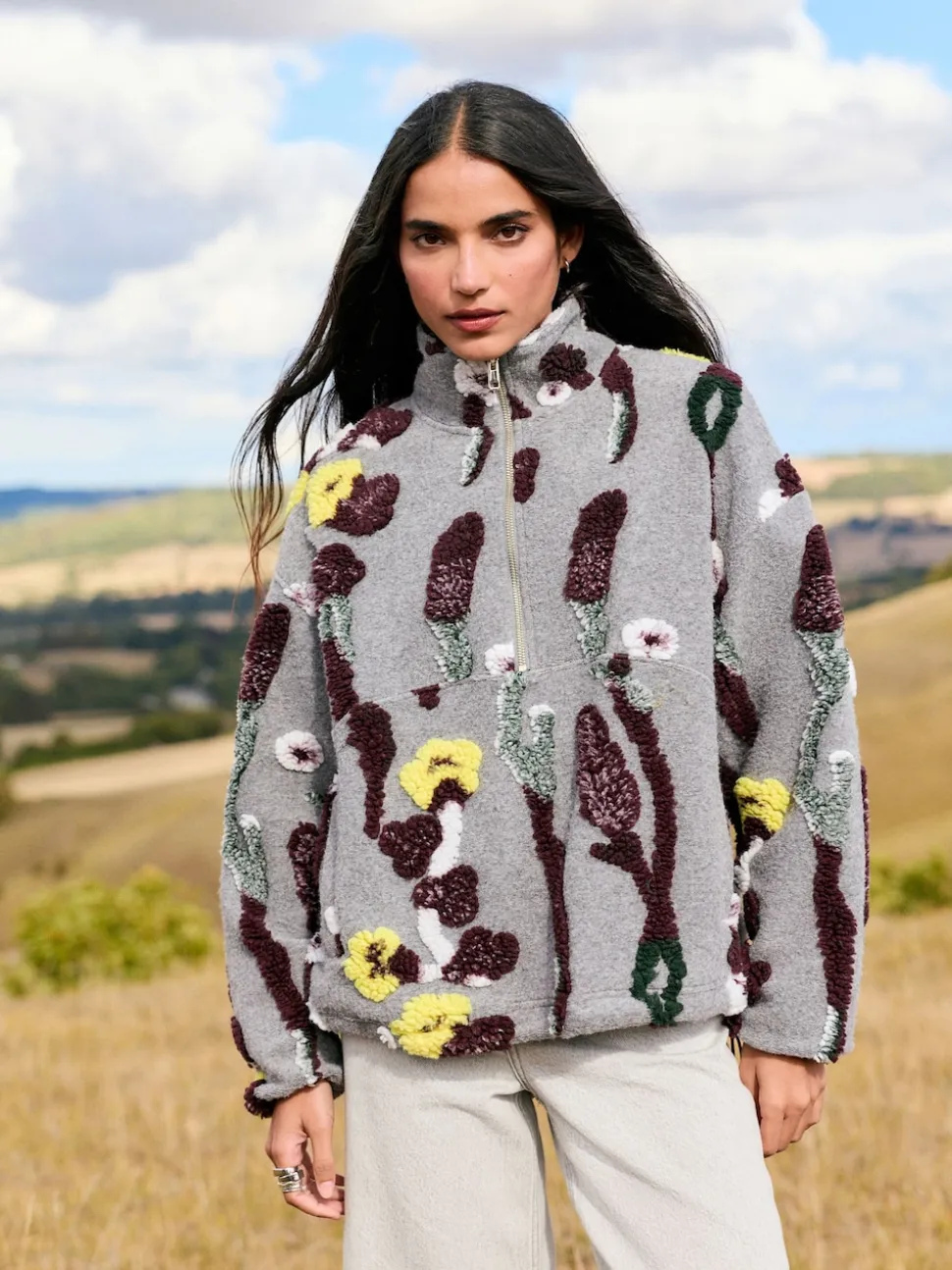 Jacquard gris fleuri - Sweat-shirt polaire à col zippé Borg fleuri