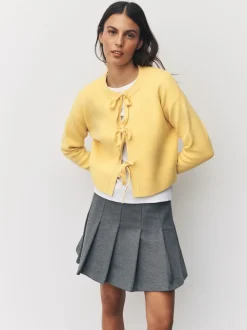 Jaune - Cardigan super doux en maille avec cravate devant