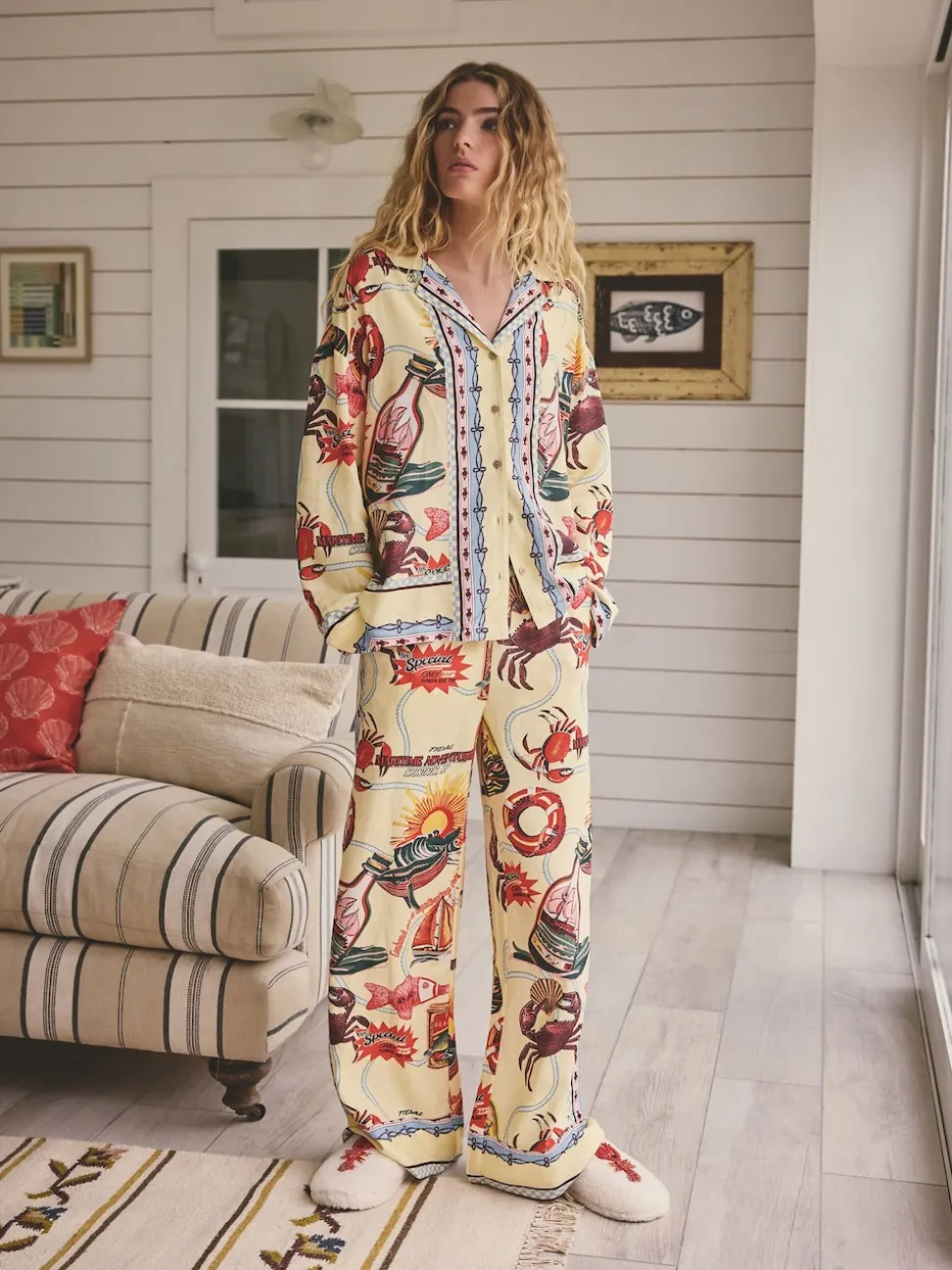 Jaune - Pyjamas boutonnés en Blend viscose/Lin