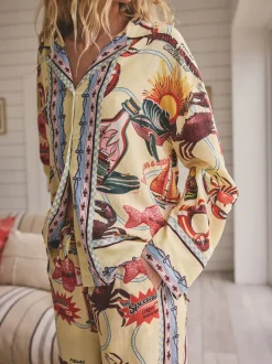 Jaune - Pyjamas boutonnés en Blend viscose/Lin