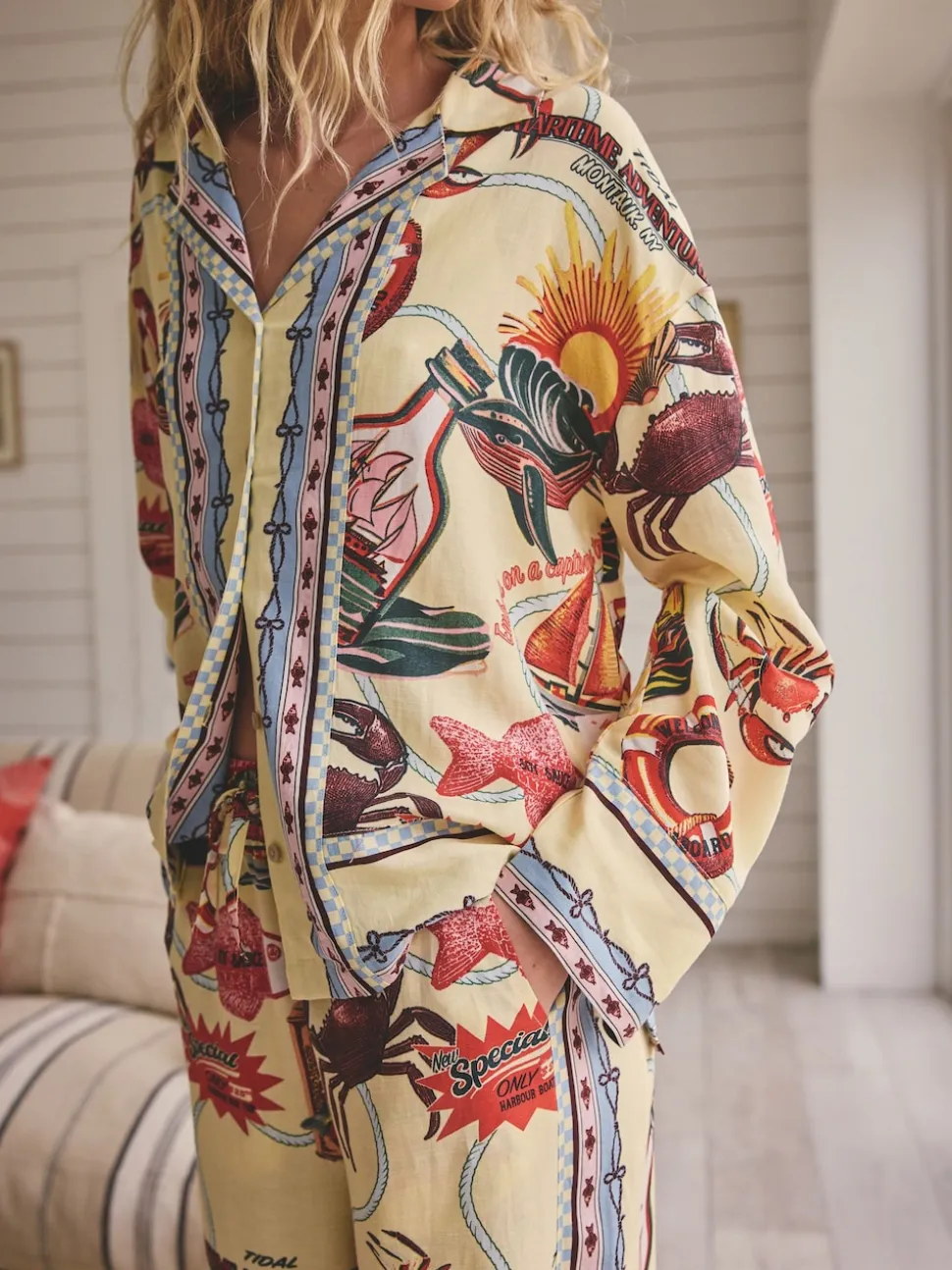 Jaune - Pyjamas boutonnés en Blend viscose/Lin
