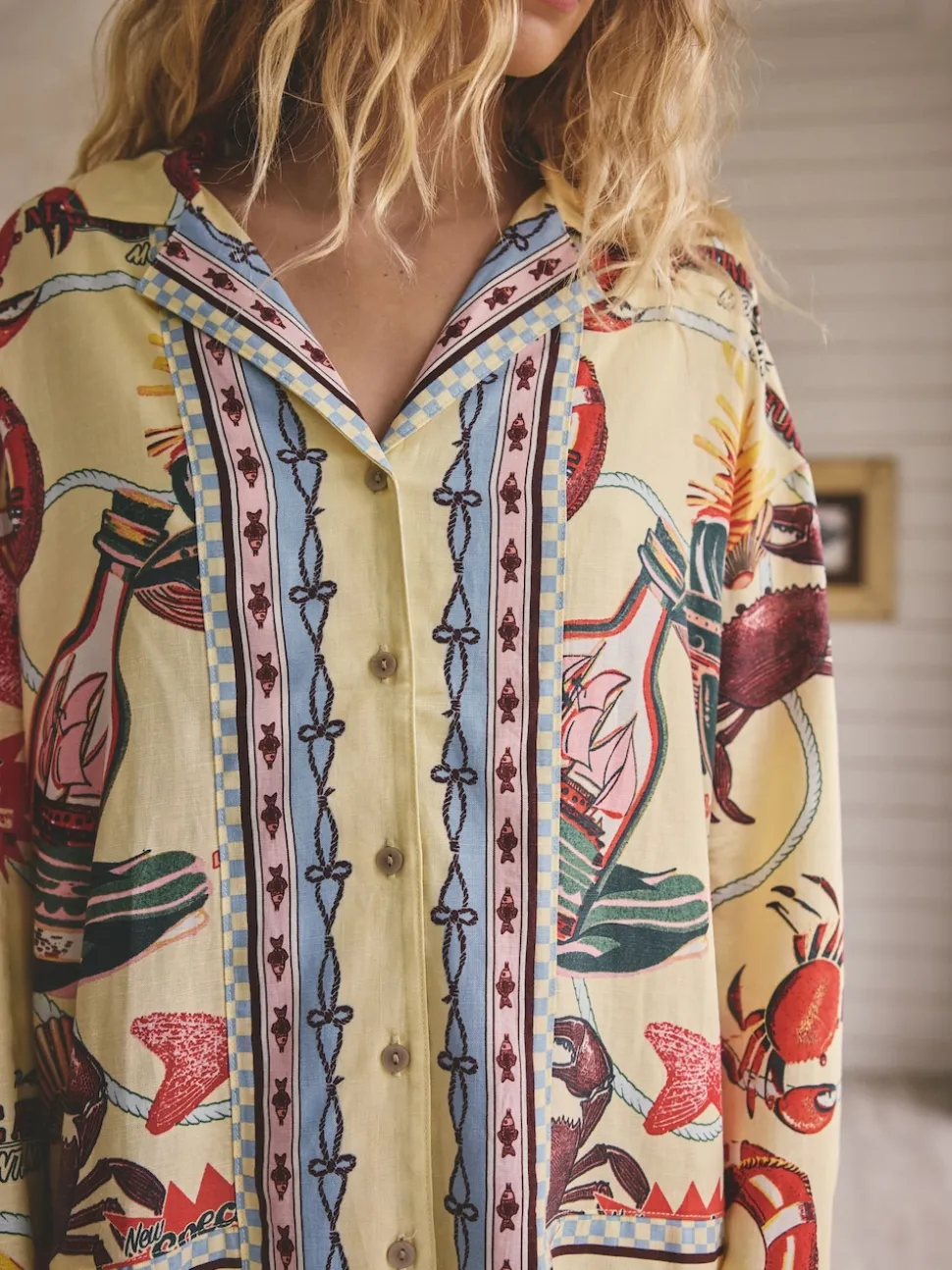 Jaune - Pyjamas boutonnés en Blend viscose/Lin