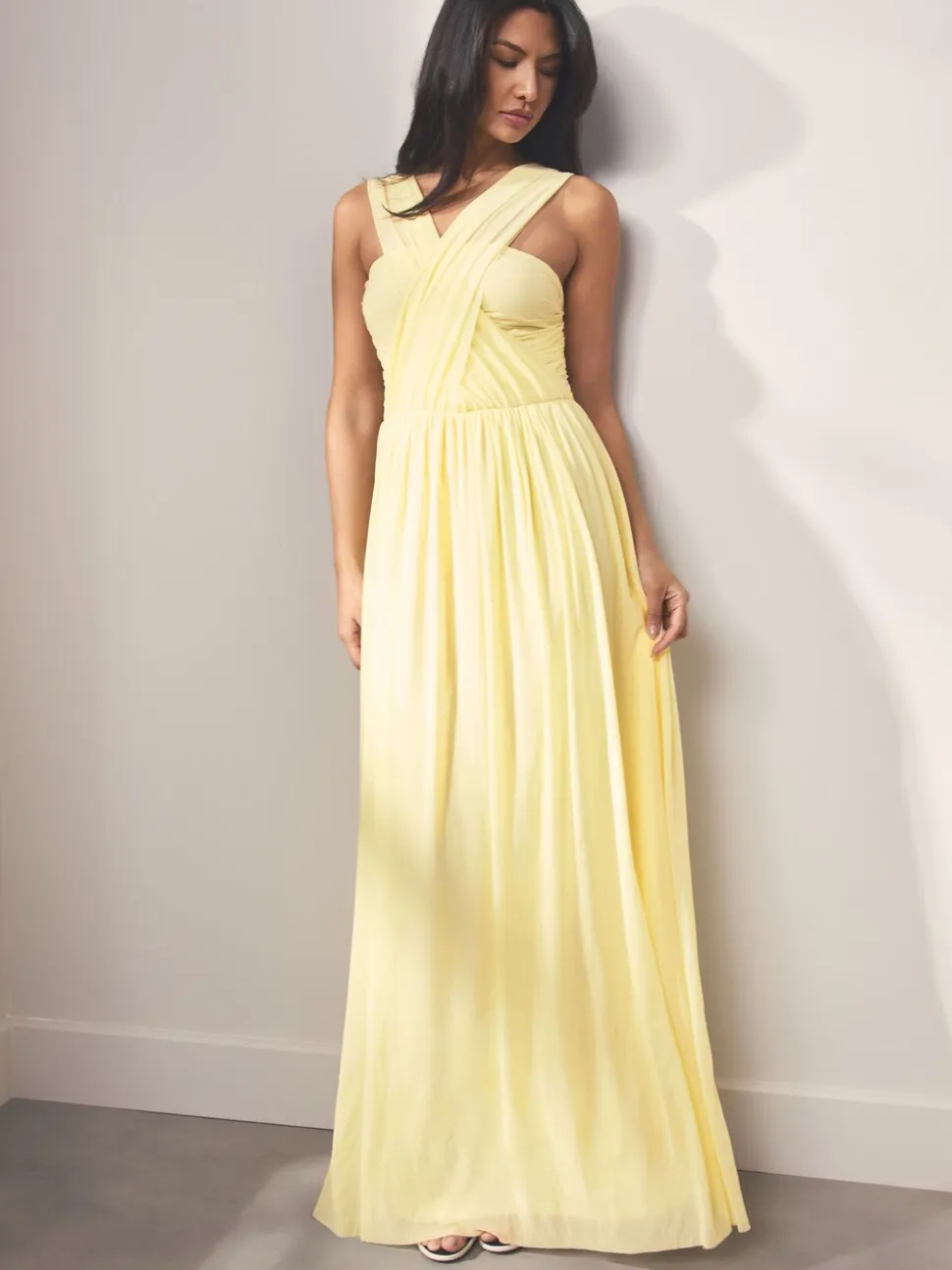 Jaune pastel - Robe longue de demoiselle d’honneur multicolore en maille pour invitée de mariage