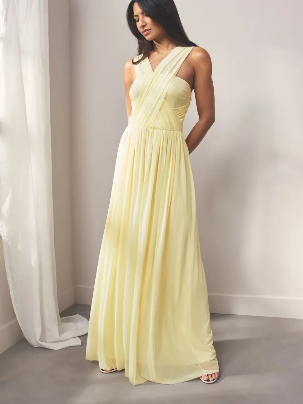 Jaune pastel - Robe longue de demoiselle d’honneur multicolore en maille pour invitée de mariage