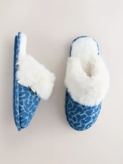Jena bleu - Mules en Denim Léopard en fausse fourrure
