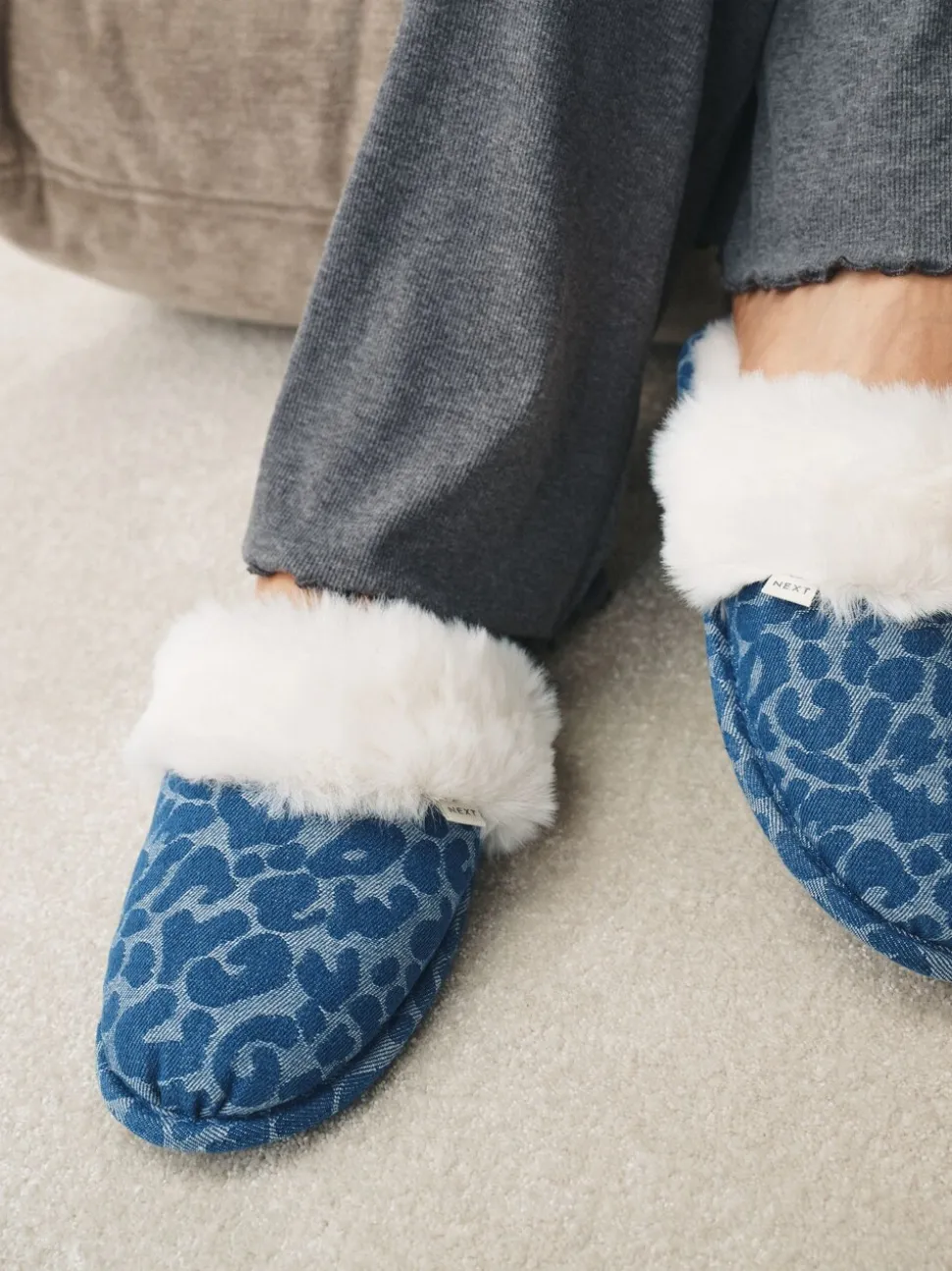 Jena bleu - Mules en Denim Léopard en fausse fourrure