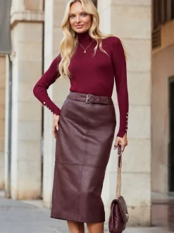 Jupe mi-longue Sosandar crayon en cuir à empiècements