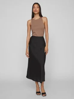 Jupe mi-longue vila en satin taille haute