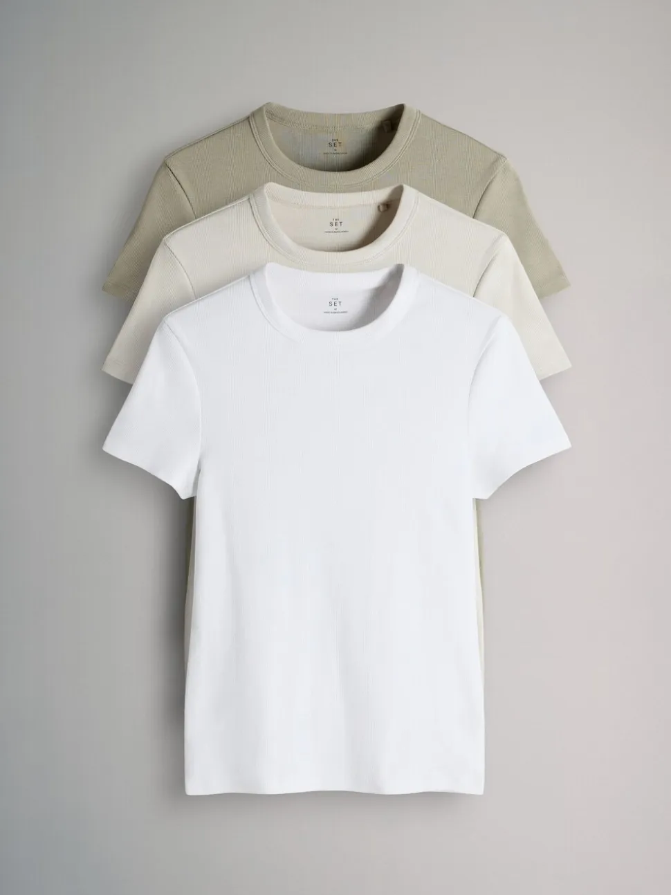 Kaki clair/pierre chaude/blanc - The Set lot de 3 t-shirts côtelés à manches courtes