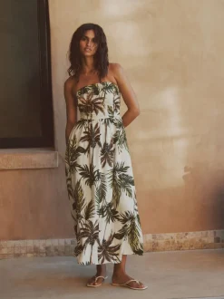 Kaki/Crème imprimé palmier - Robe bandeau froncée Mi-long en lin
