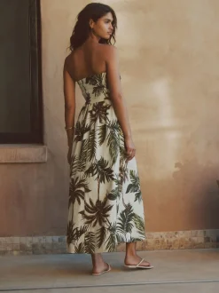 Kaki/Crème imprimé palmier - Robe bandeau froncée Mi-long en lin