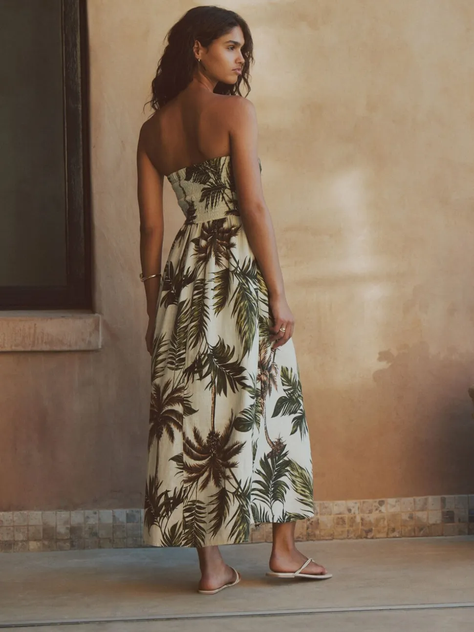 Kaki/Crème imprimé palmier - Robe bandeau froncée Mi-long en lin