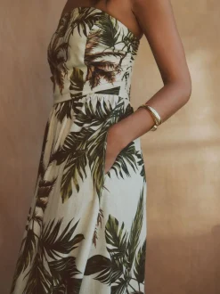 Kaki/Crème imprimé palmier - Robe bandeau froncée Mi-long en lin