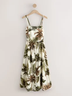 Kaki/Crème imprimé palmier - Robe bandeau froncée Mi-long en lin