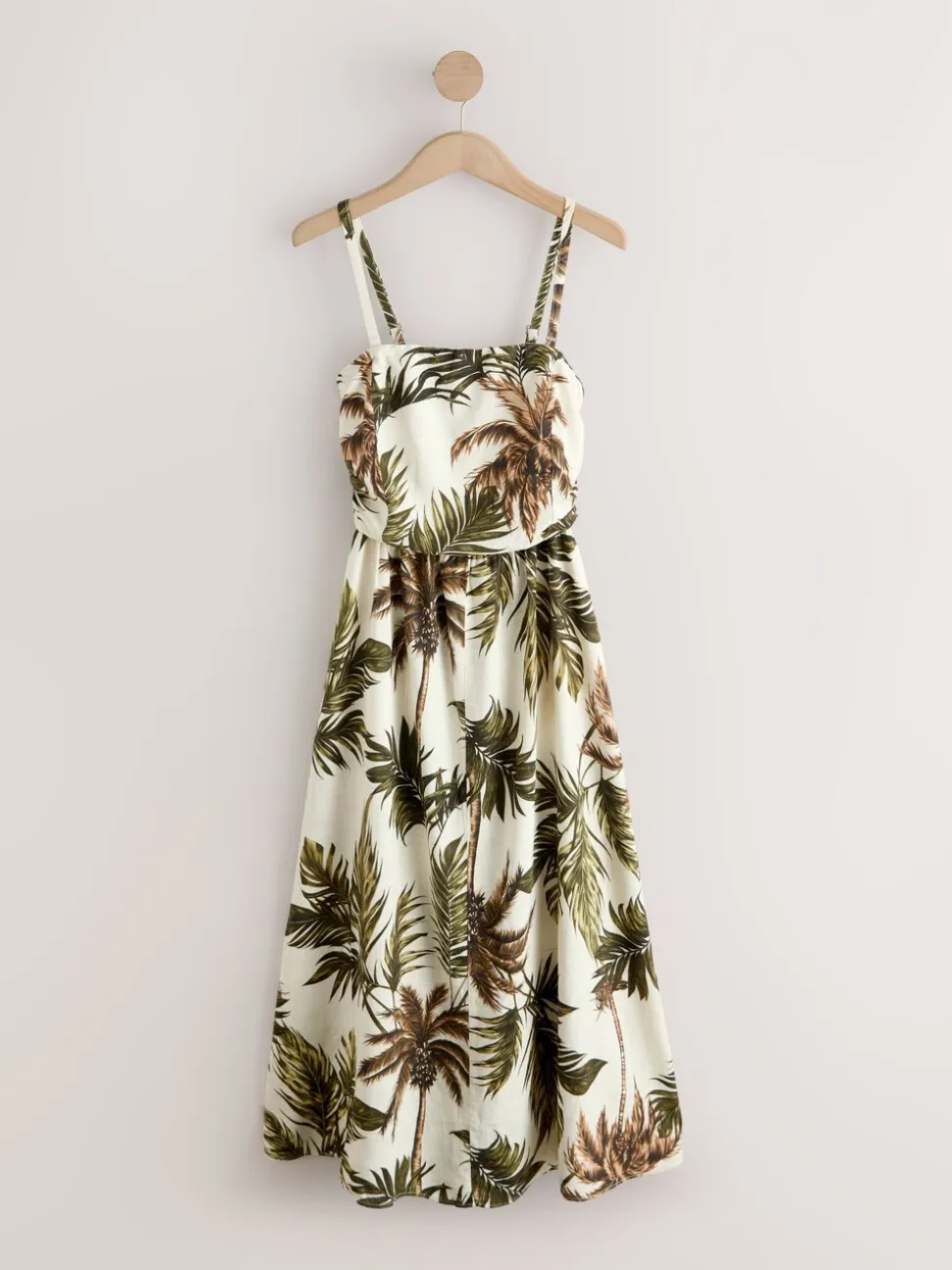 Kaki/Crème imprimé palmier - Robe bandeau froncée Mi-long en lin