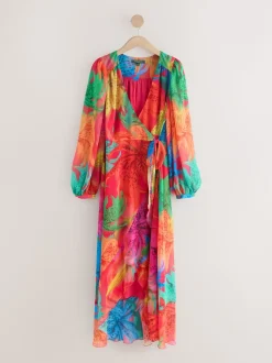 Kew Collection Fleuri vif - Robe mi-longue enveloppante à manches longues Occasion