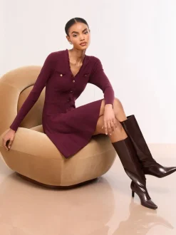Lipsy robe courte en maille à manches longues à col en V boutonnée à franges