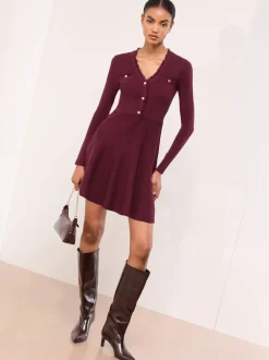 Lipsy robe courte en maille à manches longues à col en V boutonnée à franges