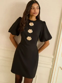 Love & Roses mini-robe dorée boutonnée à manches bouffantes