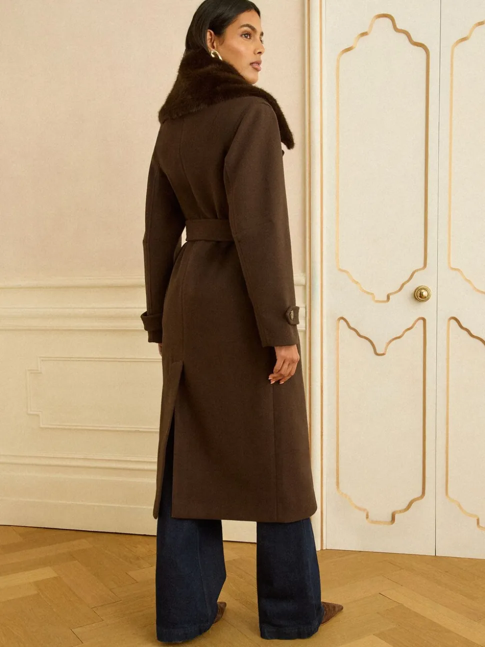 Manteau enveloppant Love & Roses col en fourrure