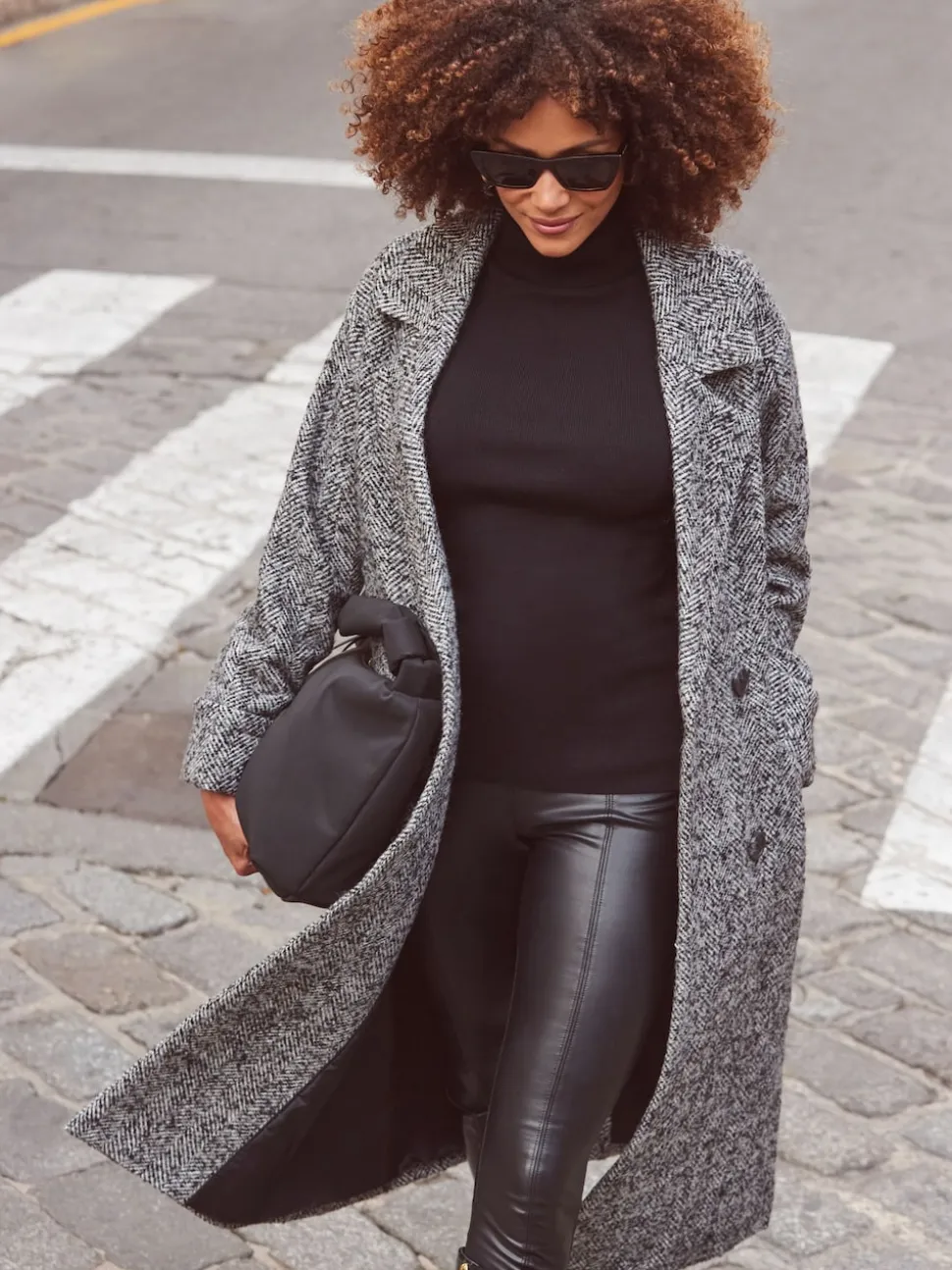 Manteau long Sosandar mélange de laine à chevrons gris et noir