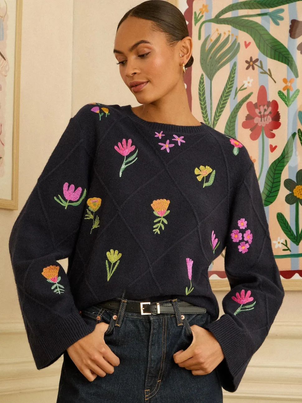 marine - Love & Roses pull en maille brodée