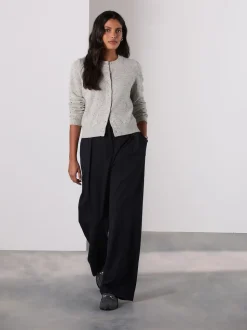 marine - Pantalons à jambe large et dos élastique en laine
