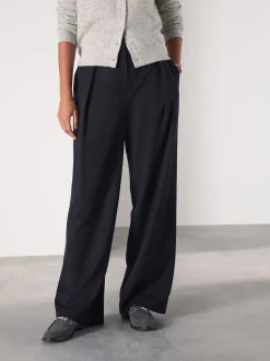 marine - Pantalons à jambe large et dos élastique en laine