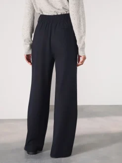 marine - Pantalons à jambe large et dos élastique en laine