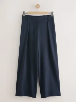 marine - Pantalons à jambe large et dos élastique en laine