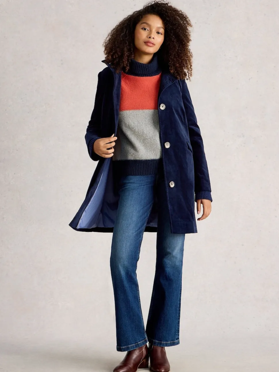 marine - White Stuff Manteau Karla en velours
