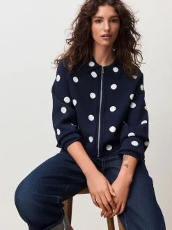 Marine Polka Dot - Veste zippée élégante en maille à col