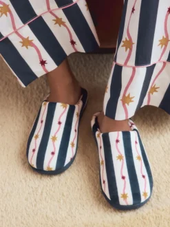 Marine/Blanc - Chaussons mules en peluche à rayures