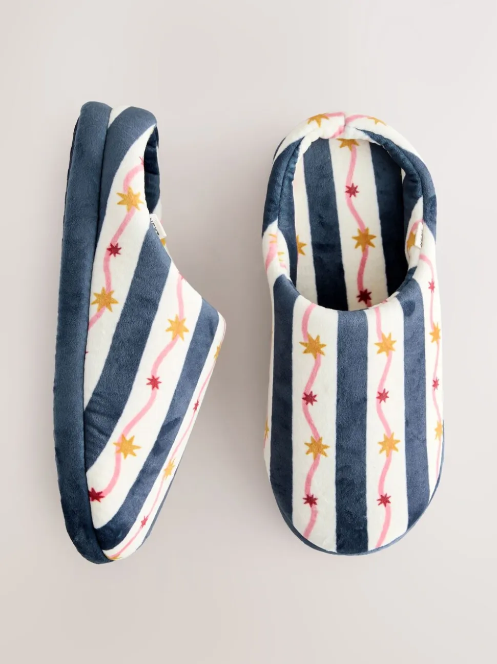 Marine/Blanc - Chaussons mules en peluche à rayures
