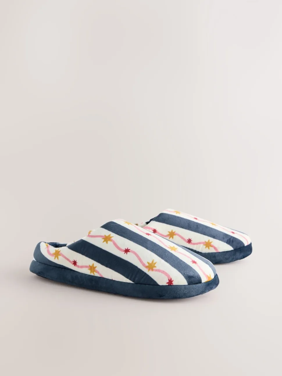 Marine/Blanc - Chaussons mules en peluche à rayures